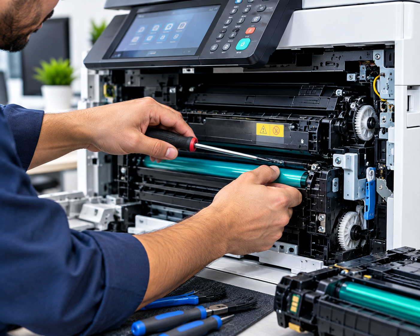 Technician repairing office printer